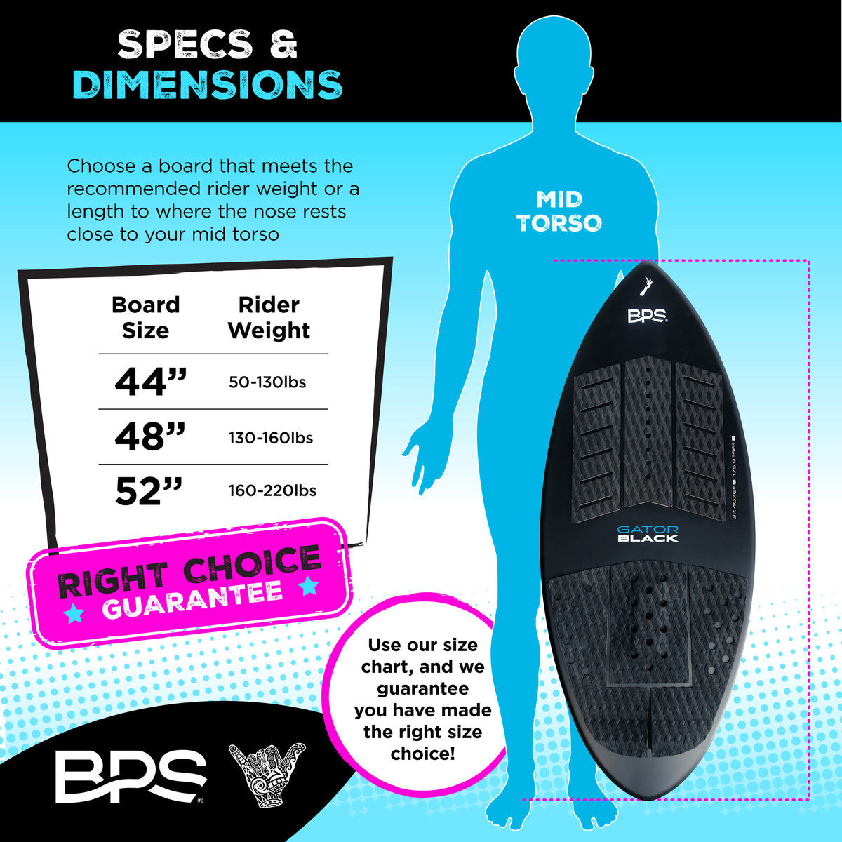 Gator Black Fiberglass Skimboard 44-52 Inch | BPS – Barrel Point
